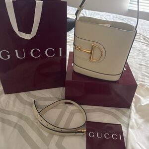 Gucci Leather Horsebit Accent 73 Series Small Bucket Handbag Beige